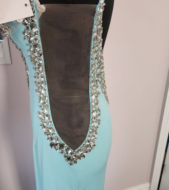 NWT-ONE OF A KIND Jovani Couture Gown Tiffany Blue Slit Dress-Size 4 - Picture 8 of 16